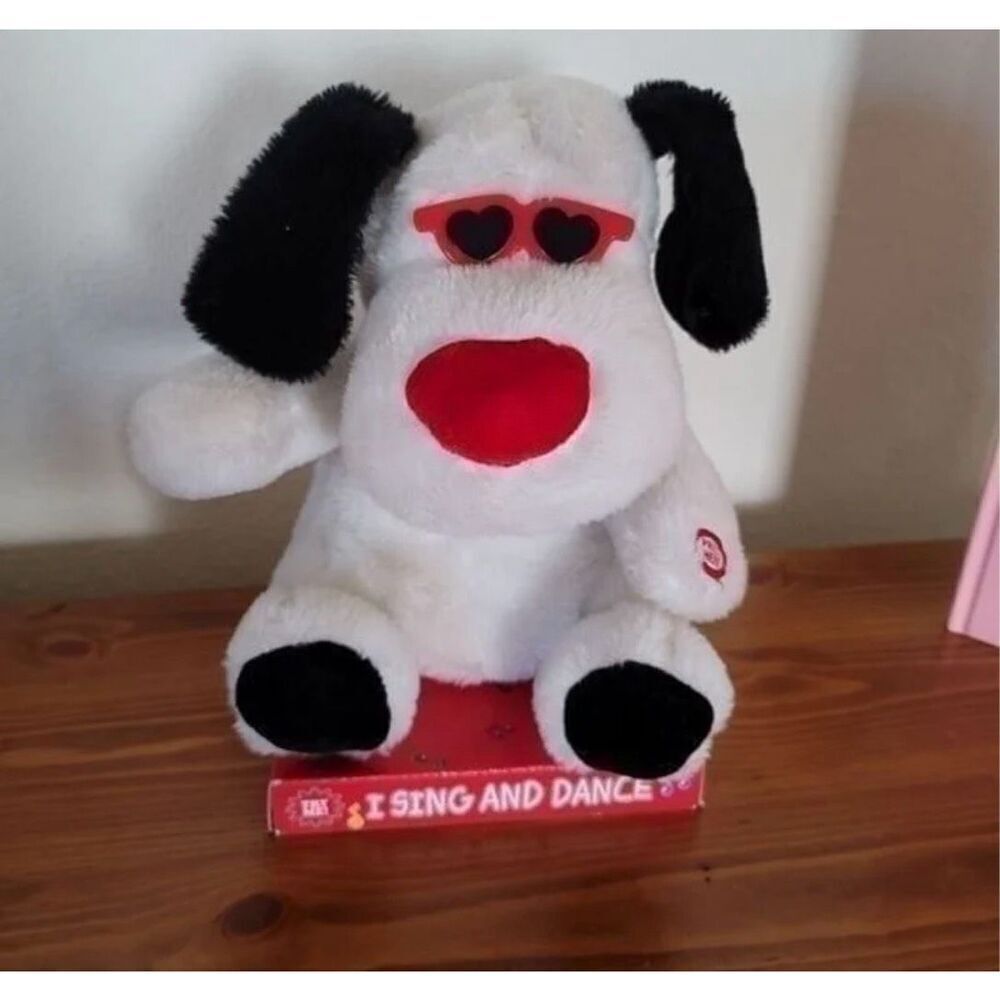 Hugfun plush dog sing dance battery operated cool dog heart sunglasses love